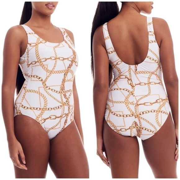 Cover Girl White Gold Chain Print Scoop One Piece Swimsuit Curvy Plus Size 16 1X - Picture 2 of 9